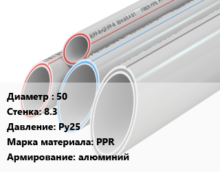 Труба полипропиленовая 50 s=8.3 Ру25 PPR алюминий, шт, Lammin,Valtec, белая,армированная цена от 211.86 сом / шт, где купить, условия доставки в Оше и Ошской области